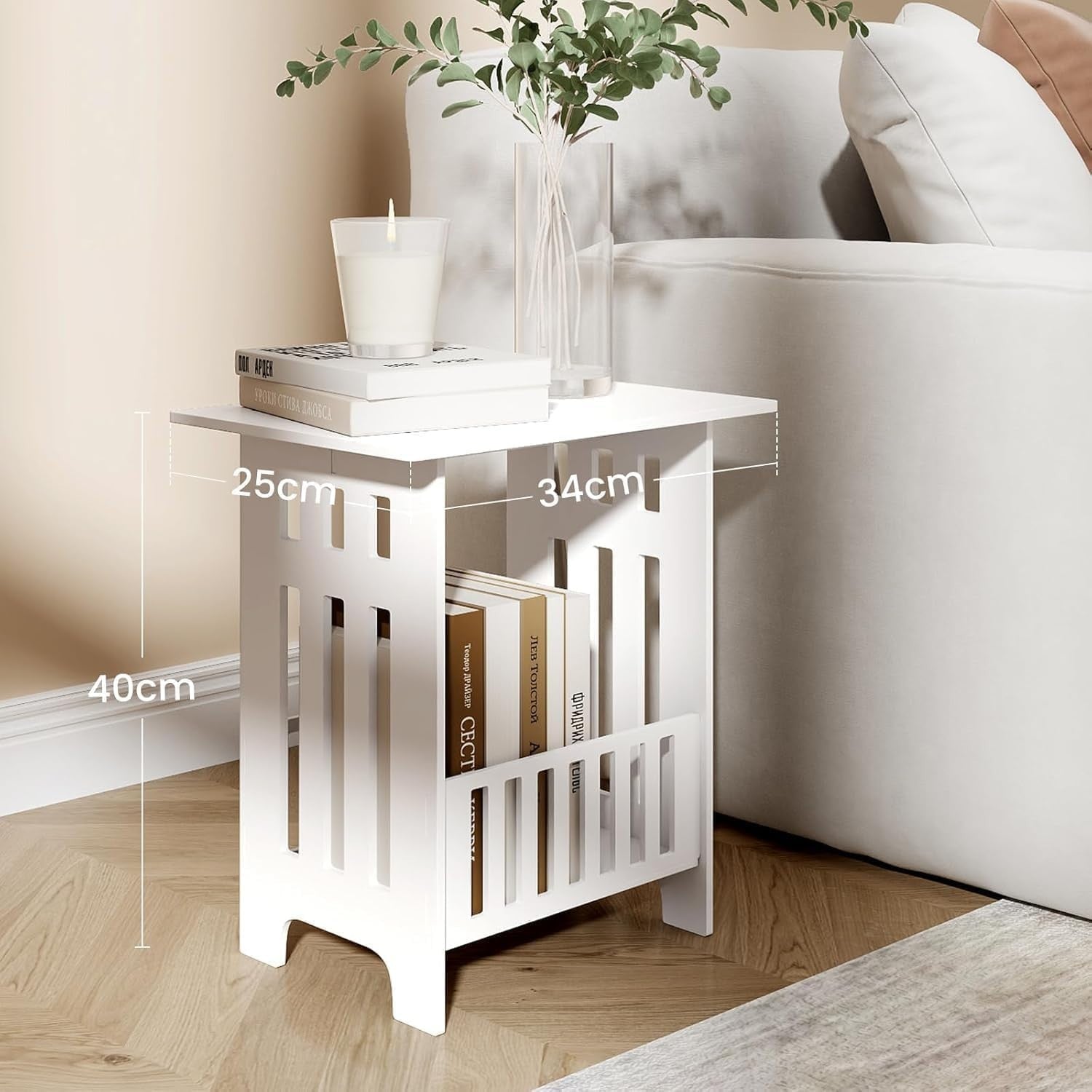 White Small Side Table with Shelf – Compact Bedside/Lamp Stand 34x25x40cm