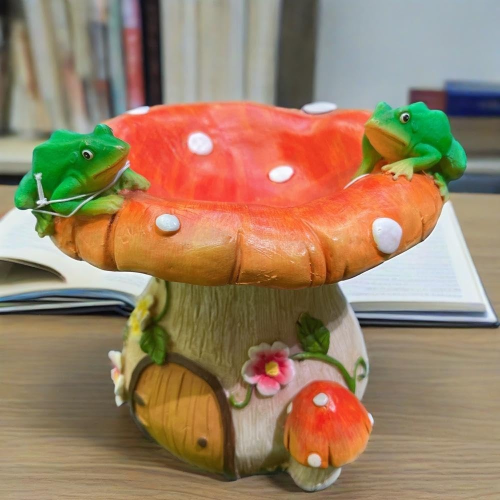 Mushroom Garden Ornament with Frogs • Resin Outdoor Fairy Decor • Patio Yard