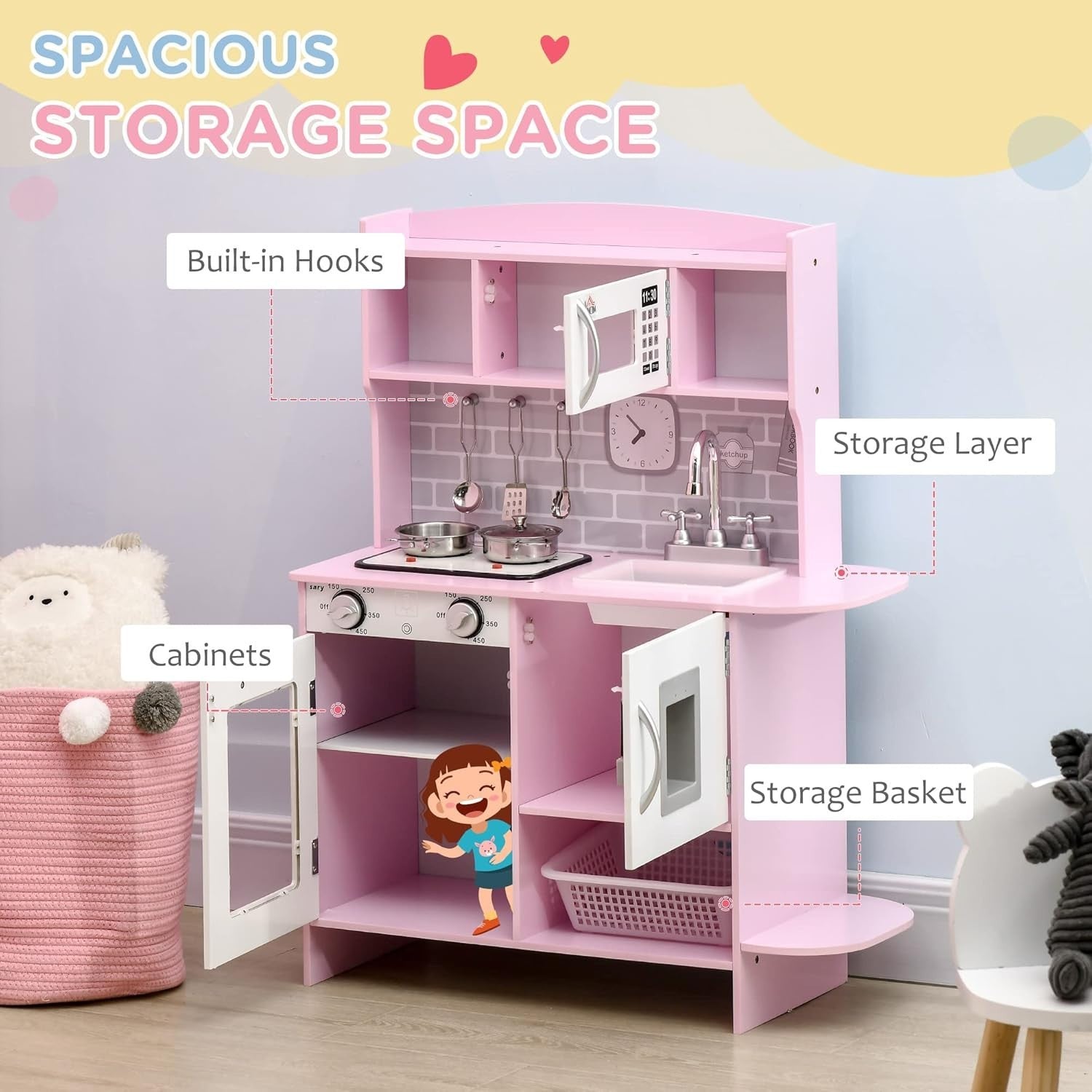 Kids Wooden Play Kitchen w/ Lights Sounds Microwave Pink Toy Set