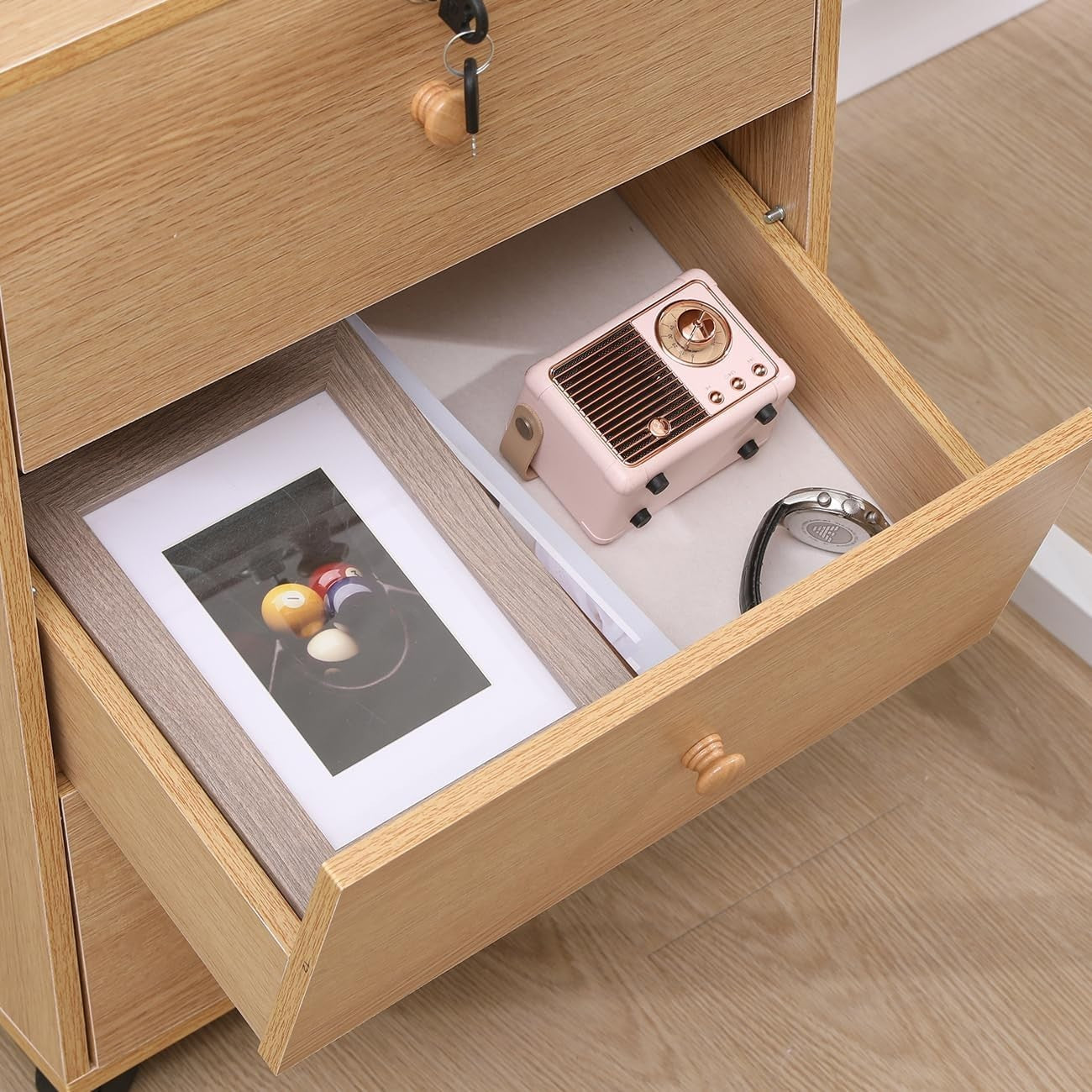 Oak Rolling Lockable Drawer Cabinet 3 Tier Under Desk File Storage