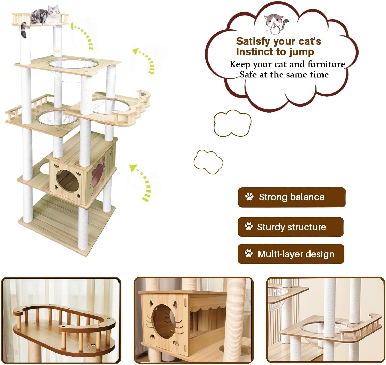 185cm Cat Tree Tower White & Wood Multi Level Scratching Posts Condo Capsules