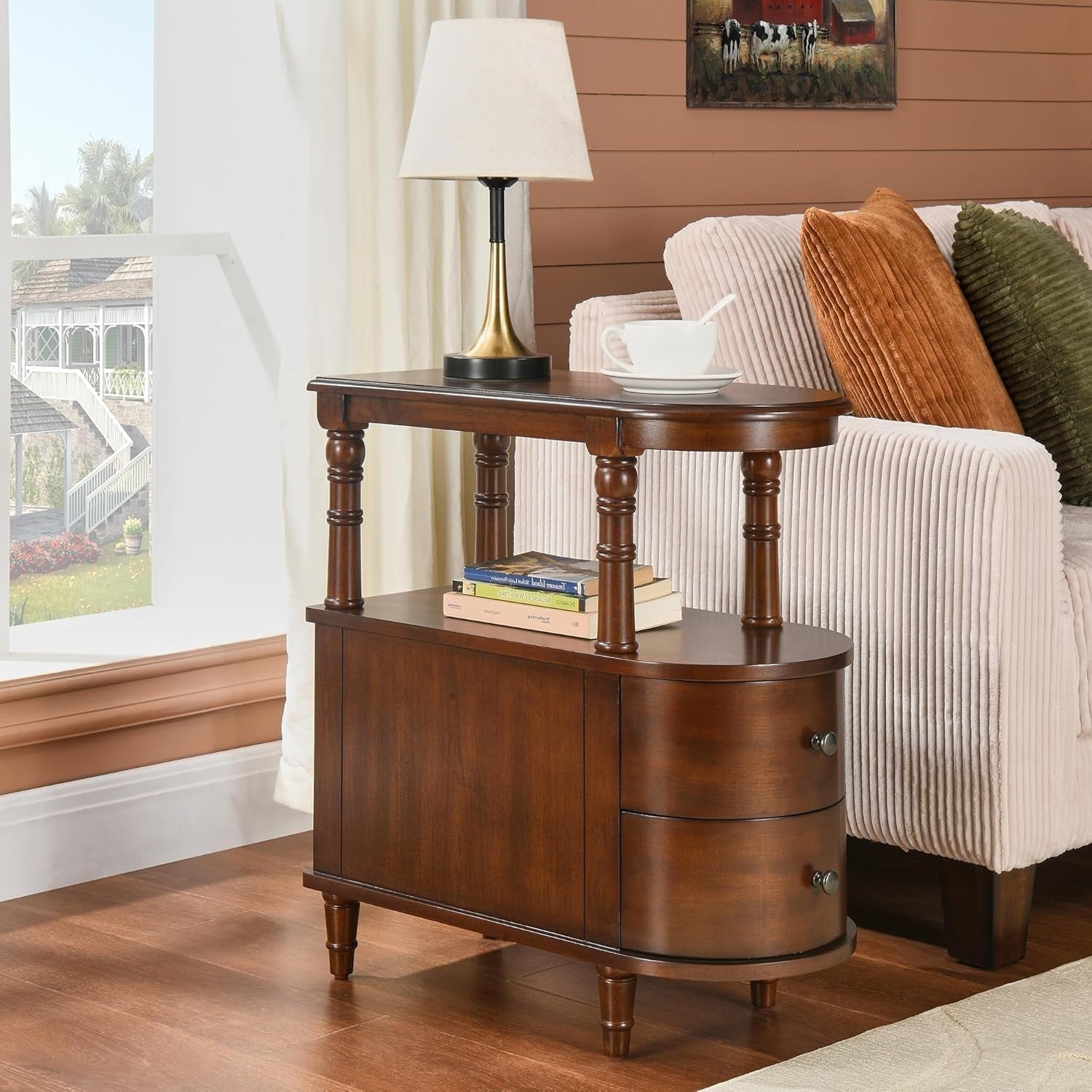 Solid Wood End Table with Drawers & Shelf – Cherry Walnut Side Table