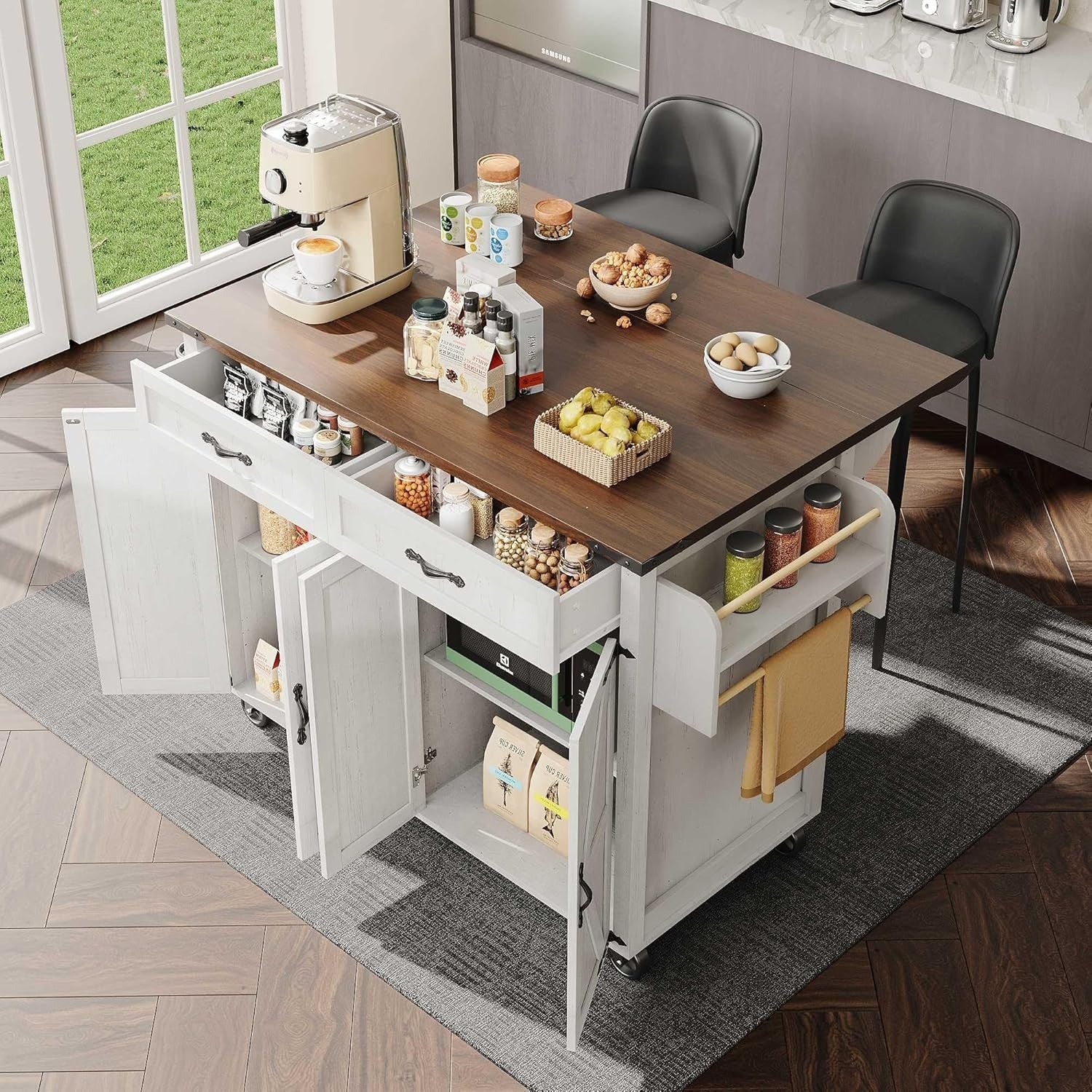 Farmhouse Kitchen Island Trolley with Fold-Out Table, Storage & Wheels