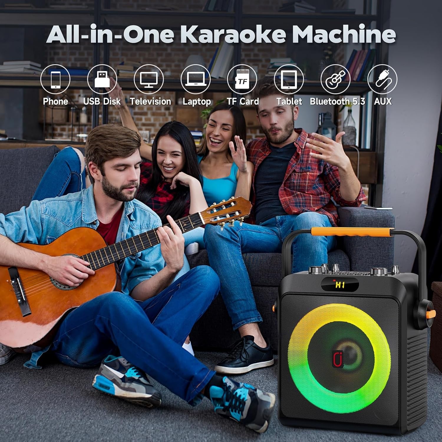 Karaoke Machine 2 Wireless Mics Bluetooth Speaker Bass Boost LED