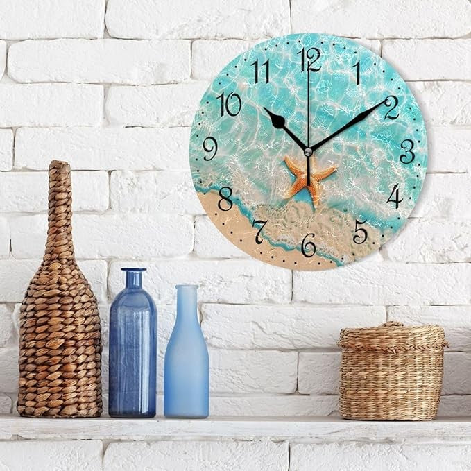 Beach Starfish Wall Clock 25cm Silent Non-Ticking Ocean Coastal Home Decor