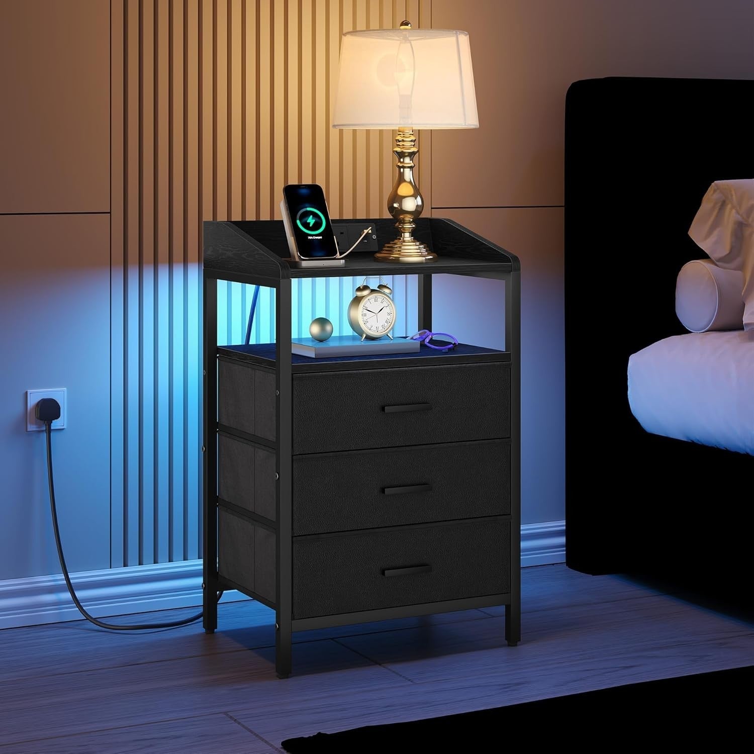 Black LED Bedside Table with USB Ports & 3 Drawers – Modern Nightstand