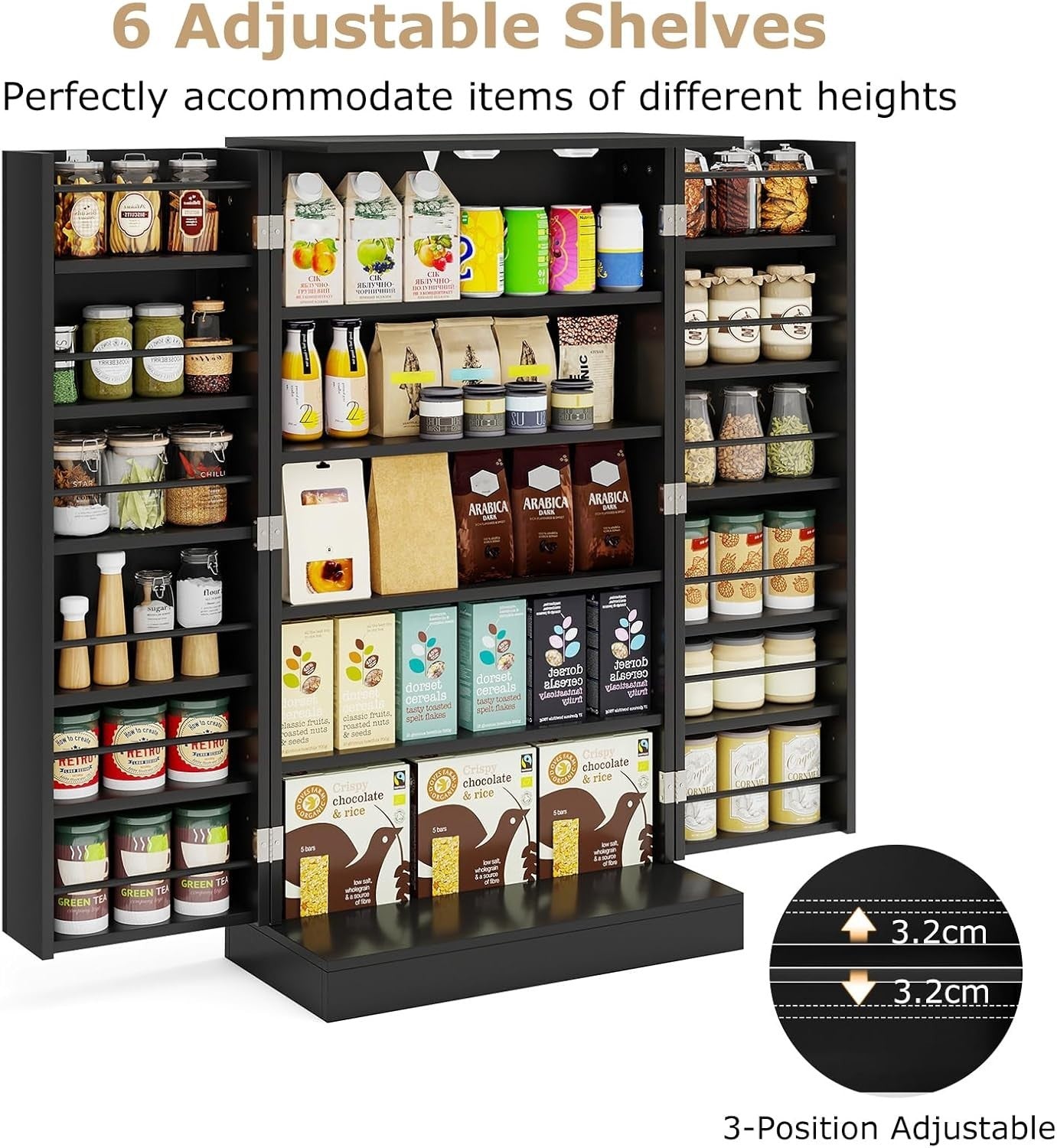 Kitchen Cupboard Pantry Cabinet 17 Shelves 2 Doors Black Small