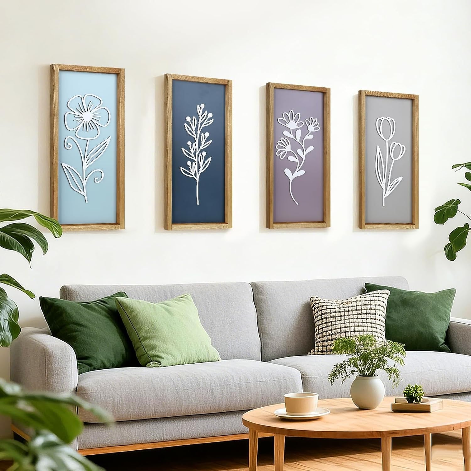 Large 3D Wooden Floral Wall Art Set of 4 Boho Framed Decor for Home