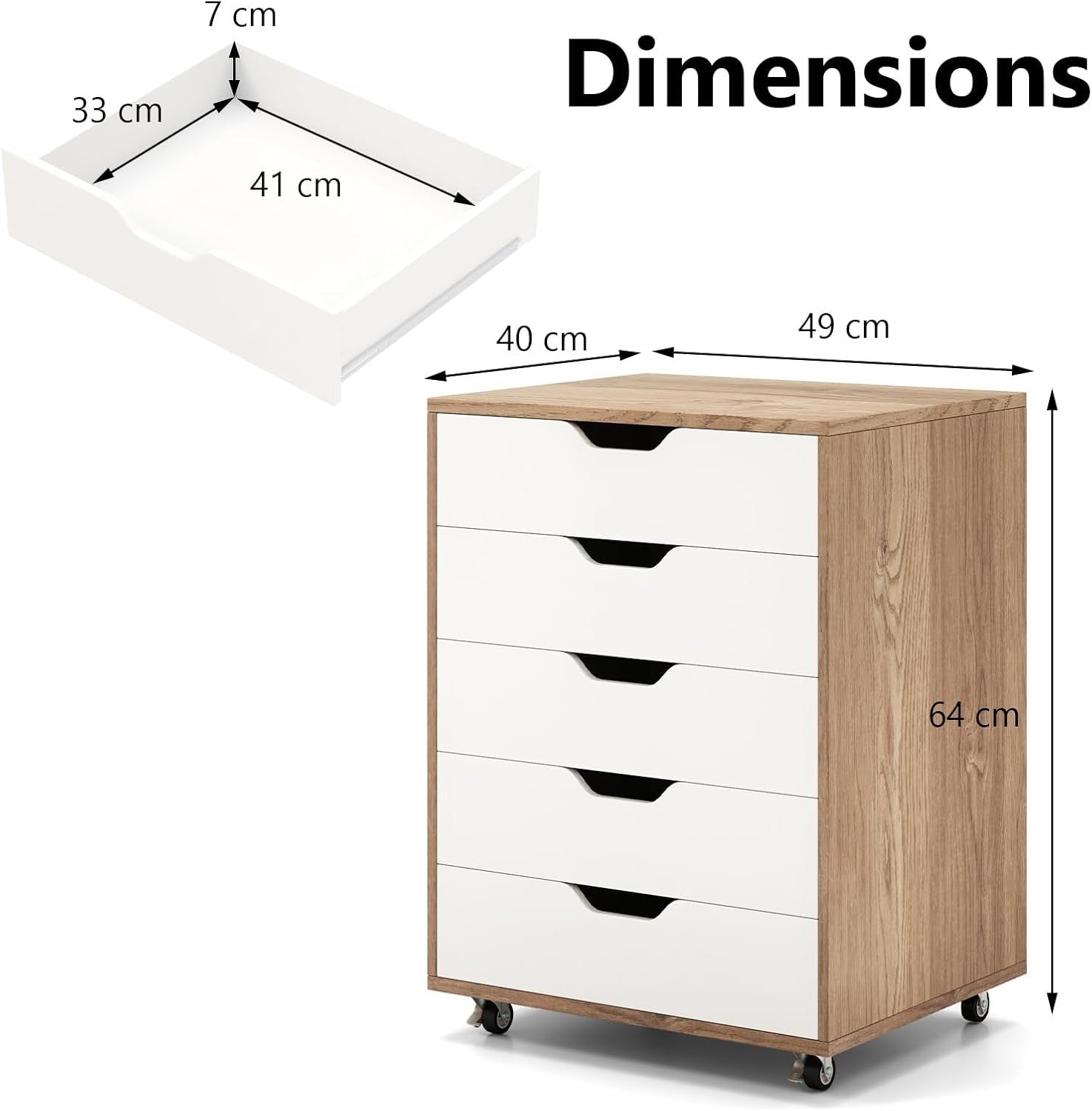 Natural Wood Mobile Filing Cabinet 5 Drawer Rolling Under Desk Storage