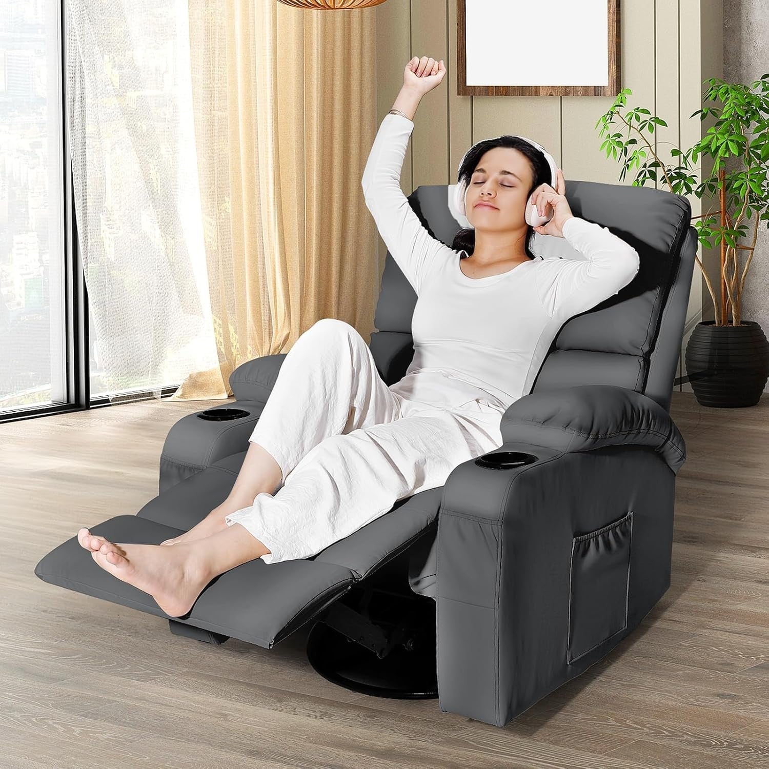 Swivel Rocker Recliner Massage Heat USB Type-C Faux Leather Dark Grey