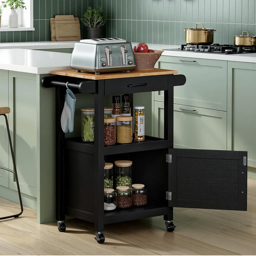 Kitchen Island Trolley on Wheels Storage Cabinet Drawer Towel Rail Black