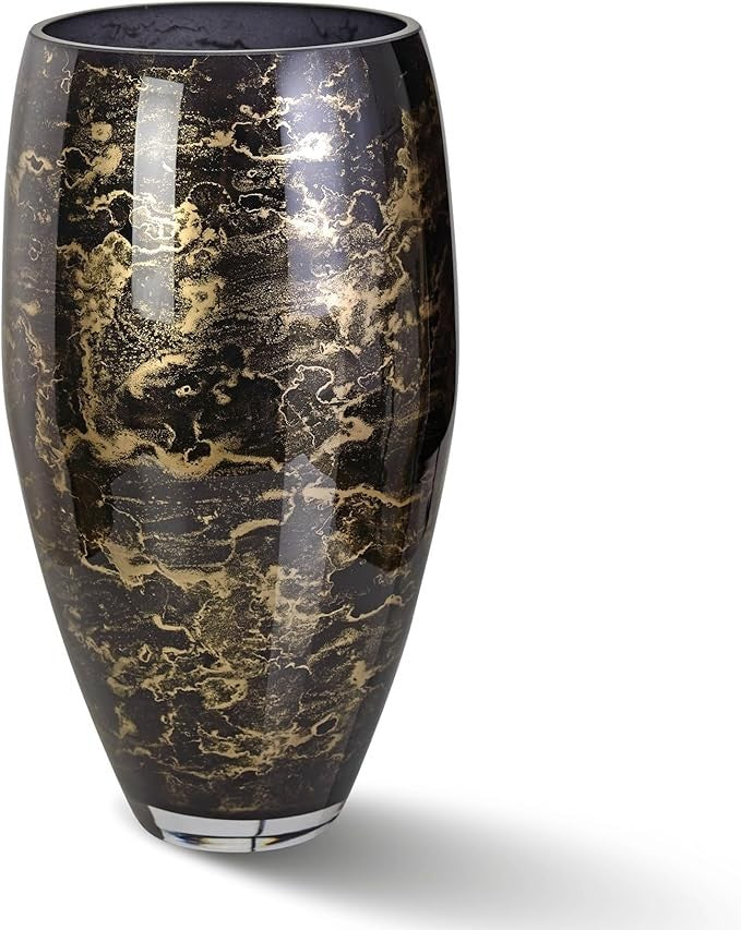 Black Glass Floor Vase 38cm Tall Hand Blown Marble Effect Luxury Decor