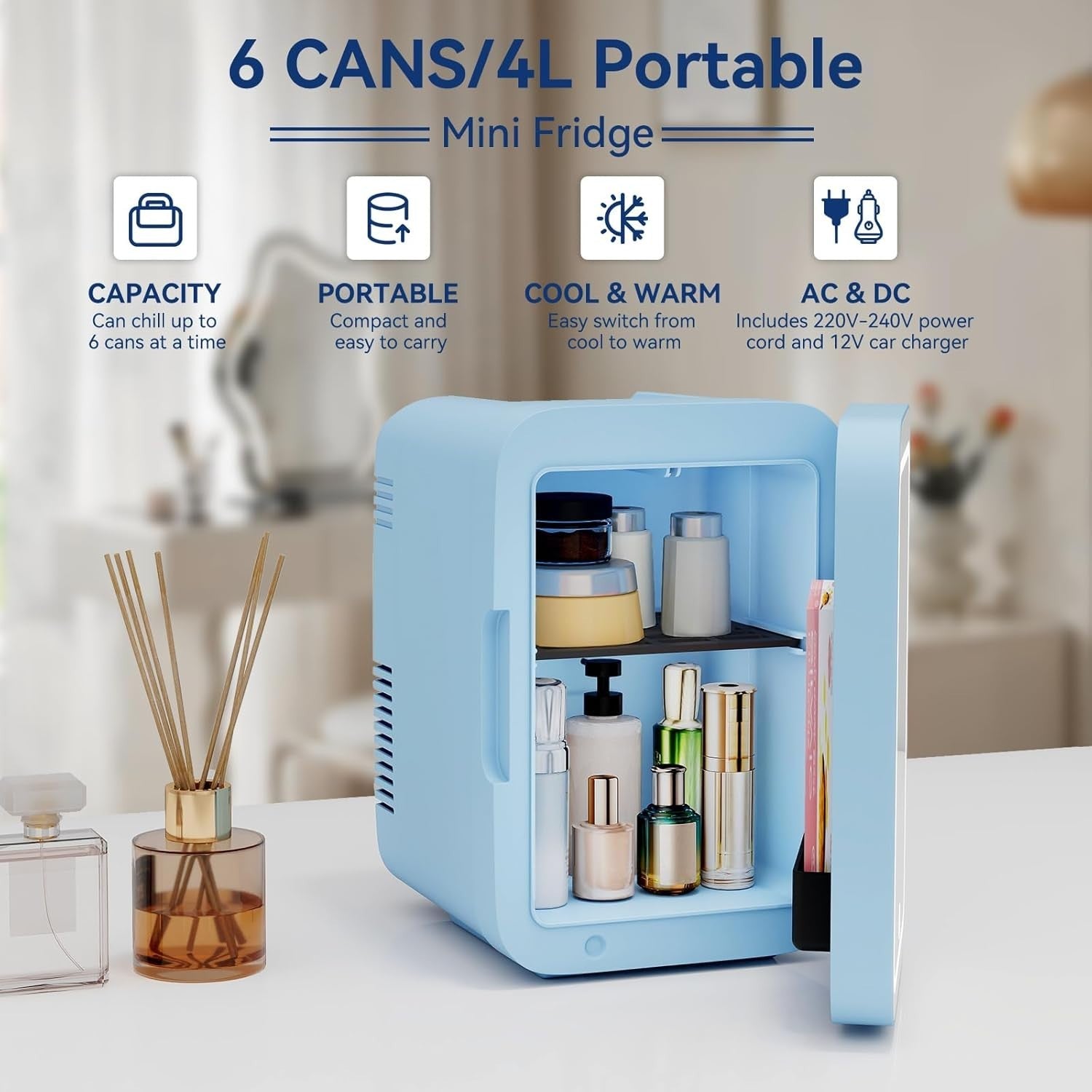 4L Mini Fridge Portable Cooler & Warmer LED Mirror AC/DC Blue