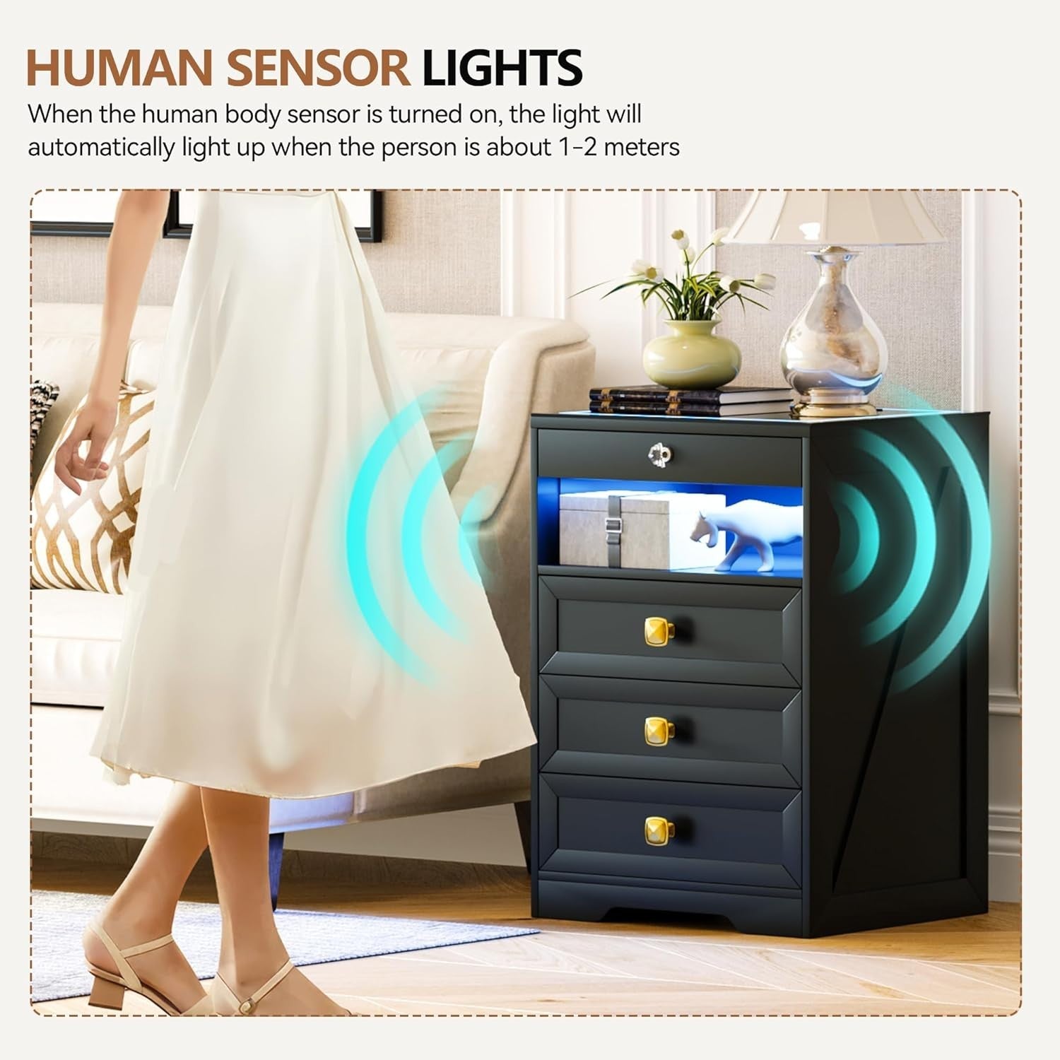LED Bedside Table with Wireless Charging, 4 Drawers & Lock – Smart Nightstand