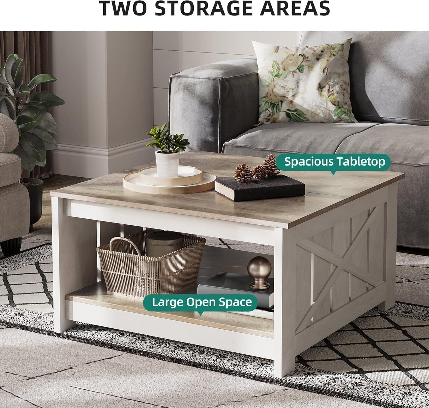 Square Rustic Coffee Table with Storage, Grey Wash Farmhouse Modern Design