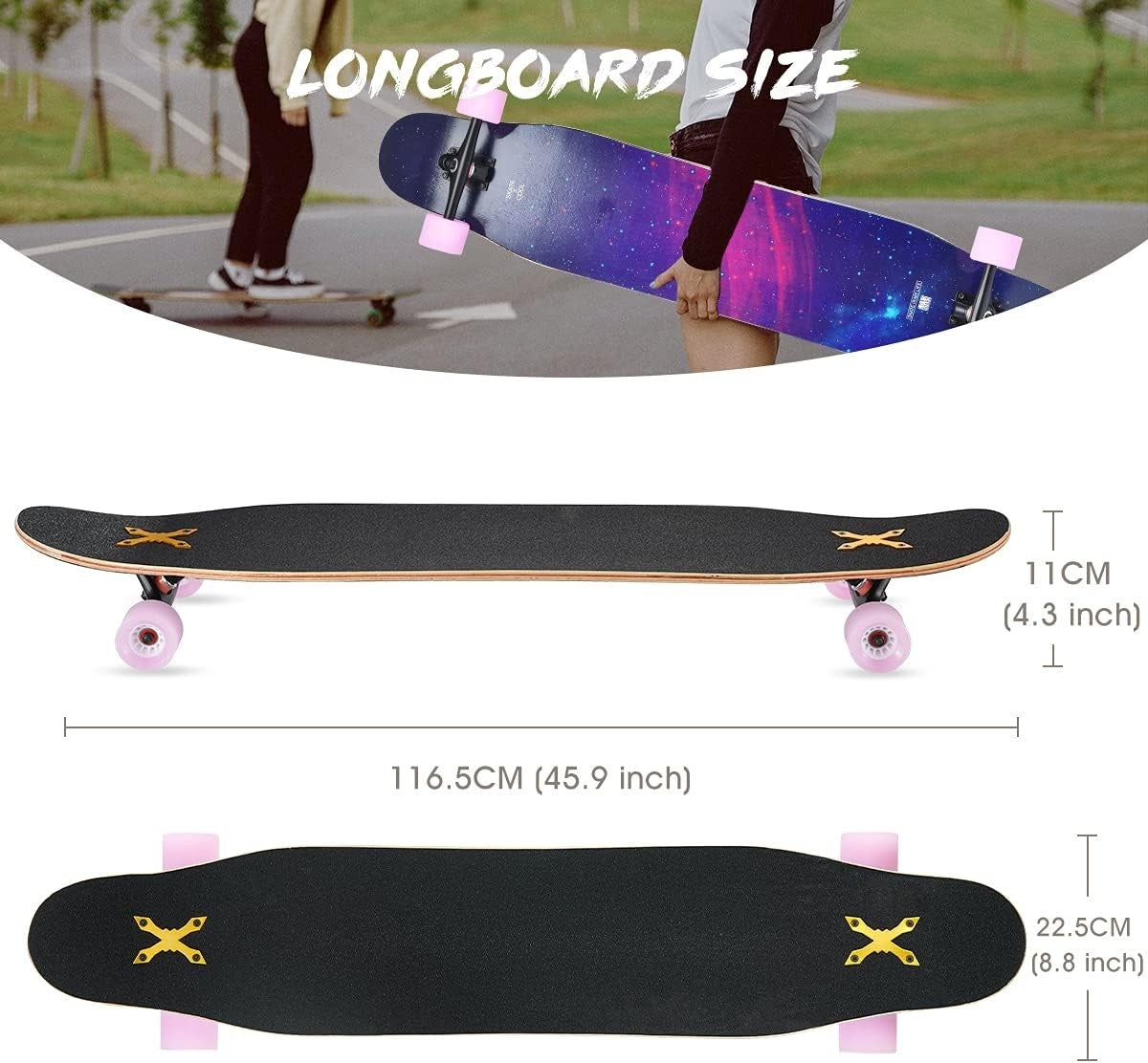 46" Longboard Skateboard Pro Complete 8-Layer Maple Wood Deck for Kids & Adults