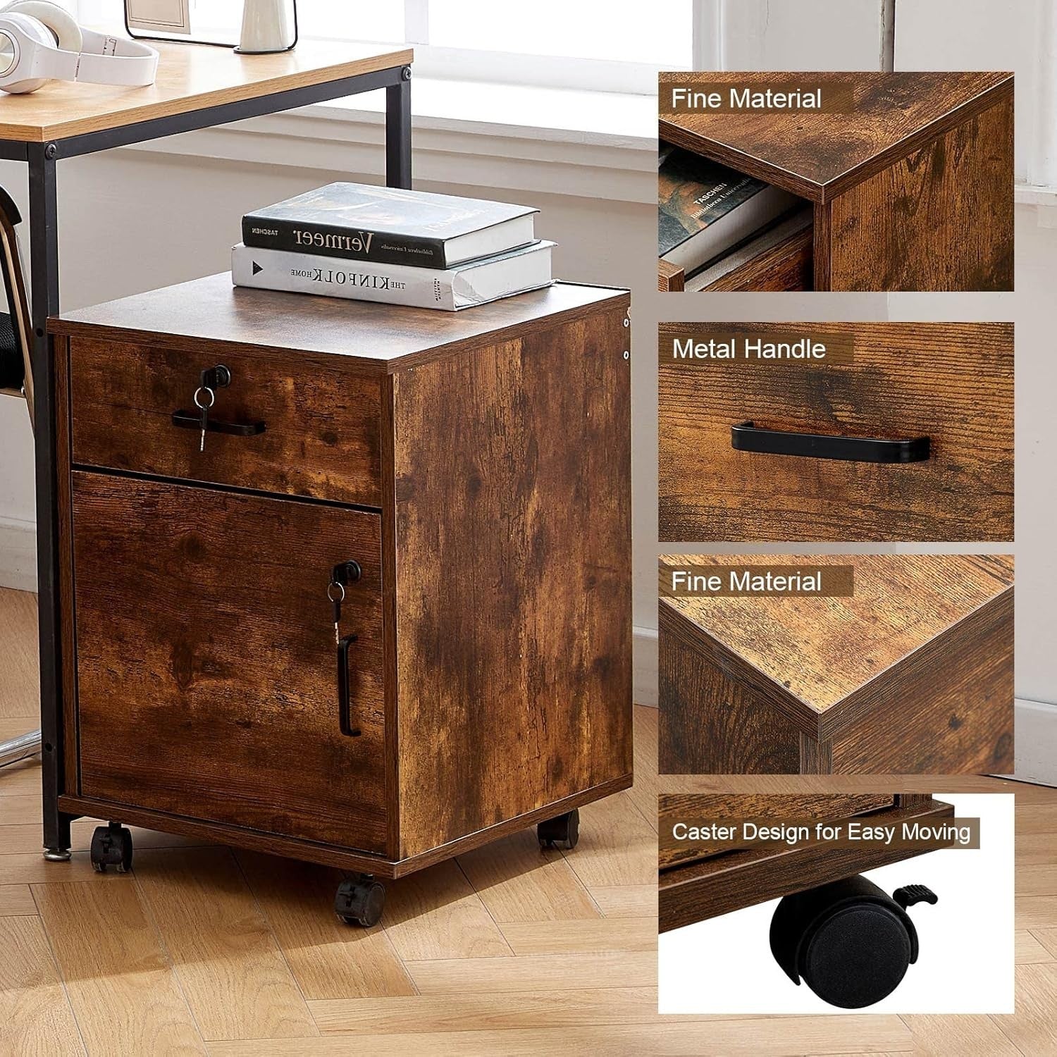 Rustic Brown Mobile File Cabinet 40cm Lockable Under Desk Storage