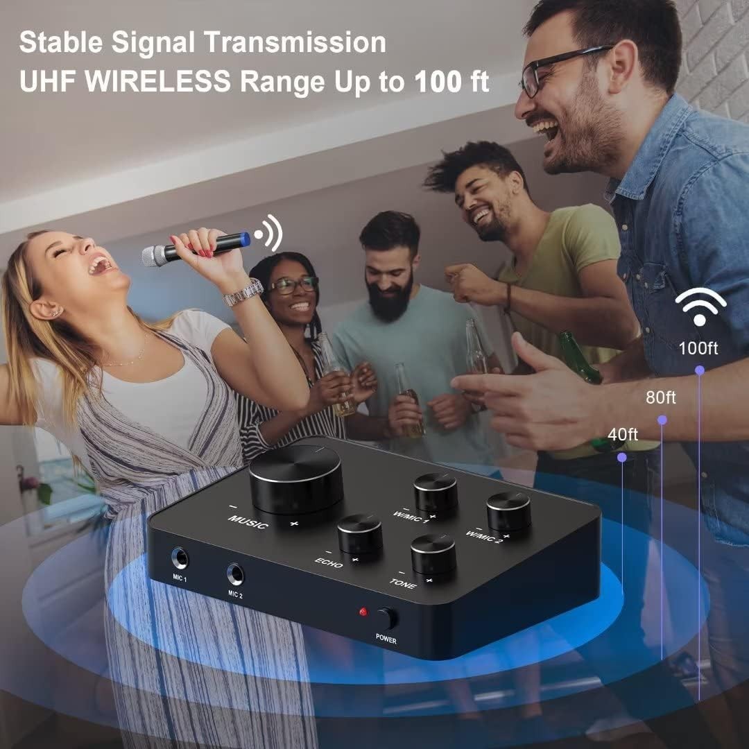 Wireless Karaoke Microphone Set Dual Handheld Mixer TV PC HDMI AUX