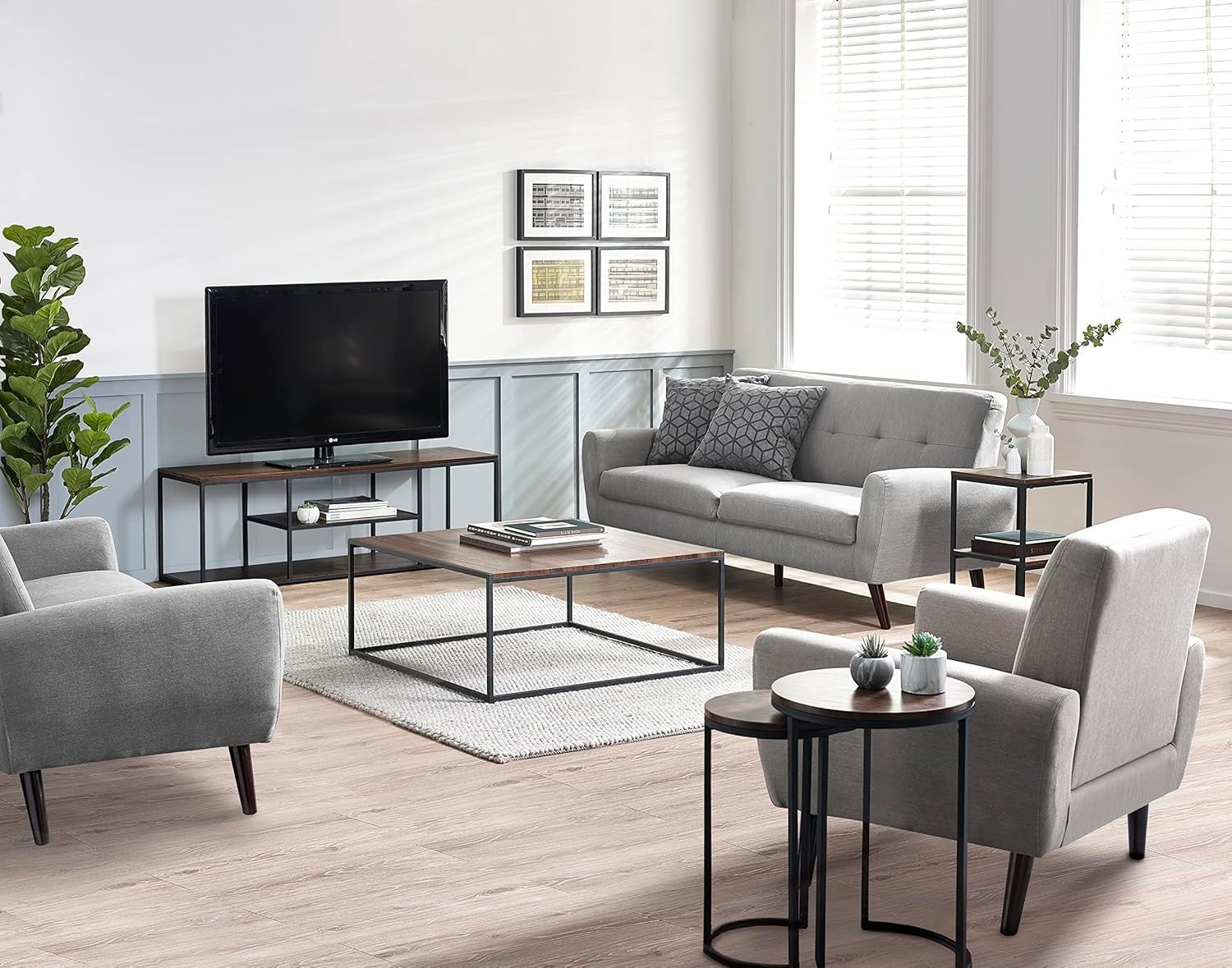 Walnut Effect Round Side Table Metal Frame Living Room Modern Minimalist