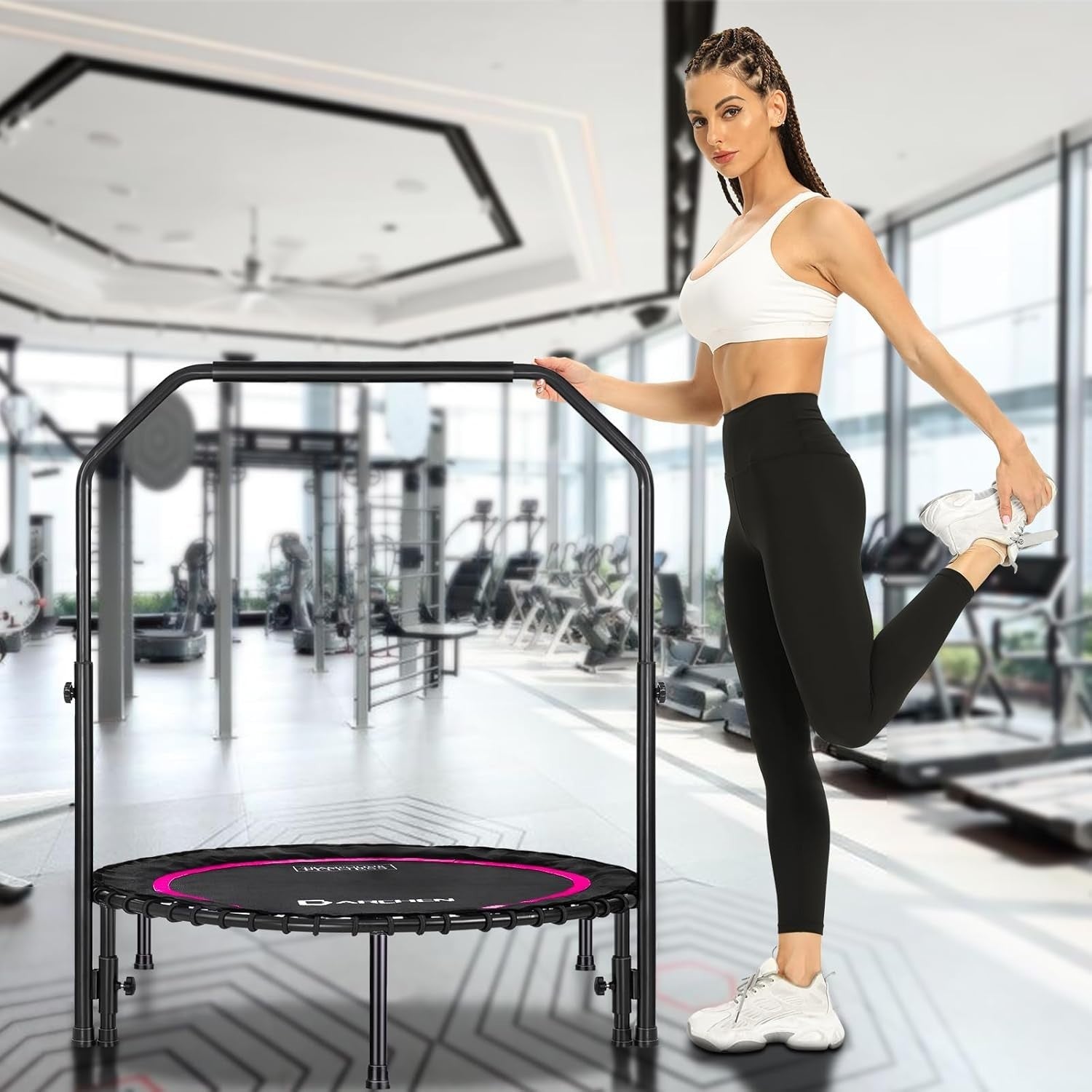 100cm Mini Rebounder Trampoline Quiet Indoor Fitness Handrail 400lb