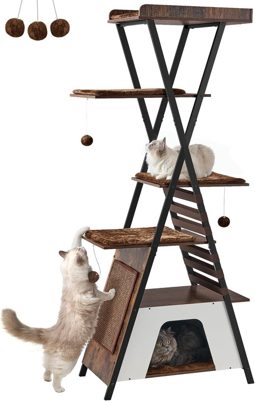 Modern Cat Tree Tower 184cm Multi Level Condo Scratcher with Ladder & Caves