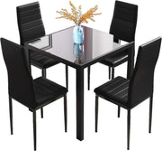 Modern 4-Seater Black Glass Dining Table with Faux Leather Chairs