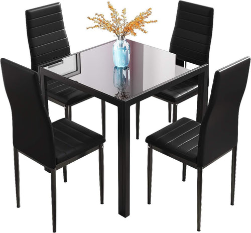 Modern 4-Seater Black Glass Dining Table with Faux Leather Chairs