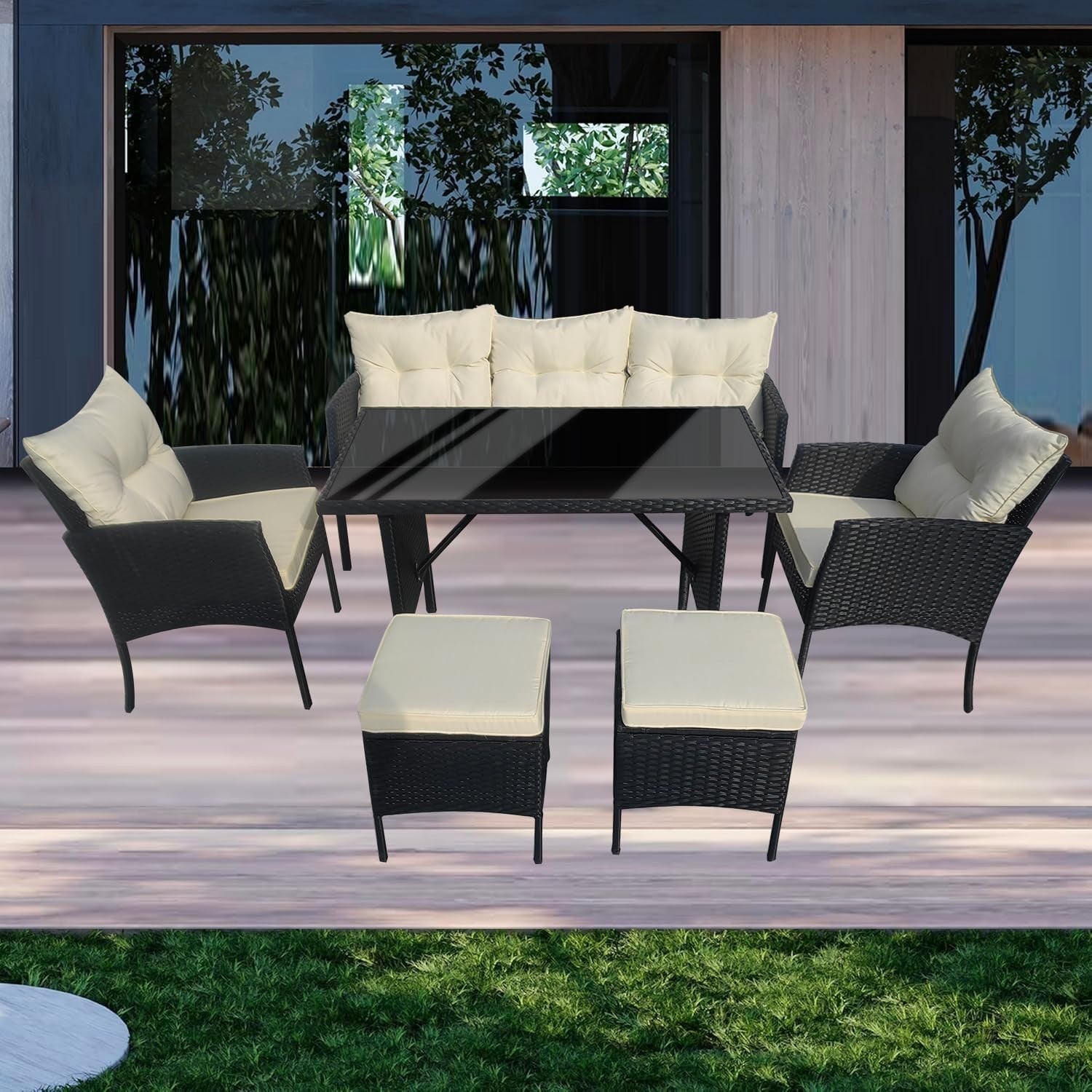 Black Rattan Garden Furniture Set 6 Seater Cushions Sofa Outdoor Patio