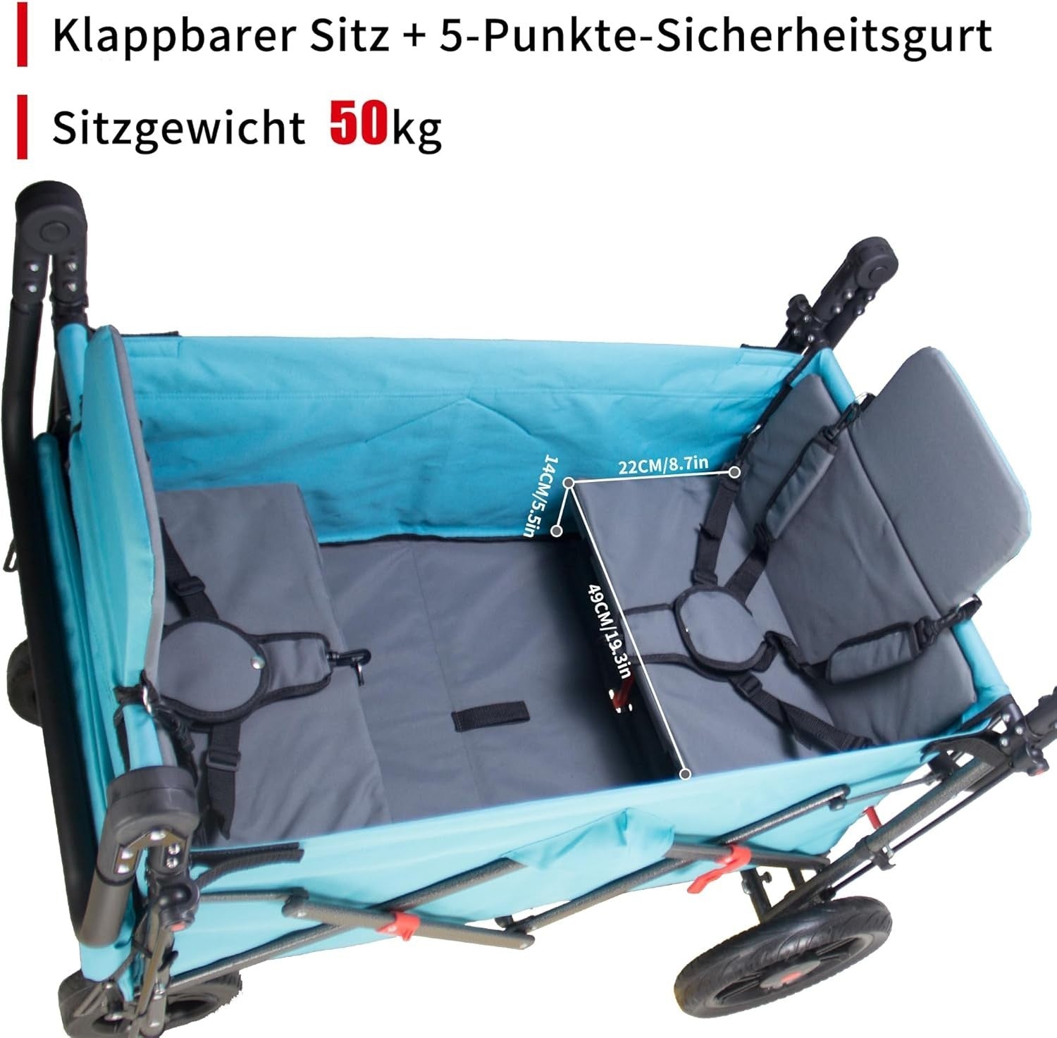 Sky Blue/Grey Folding Wagon w/ Roof Brakes 120kg Heavy Duty Cart PU Tyres & Seat