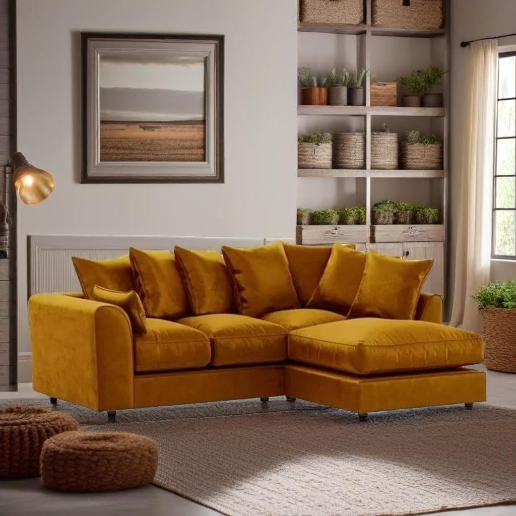 Velvet Corner Sofa Set 3+2 Seater Right Hand L Shape Mustard Couch Suite