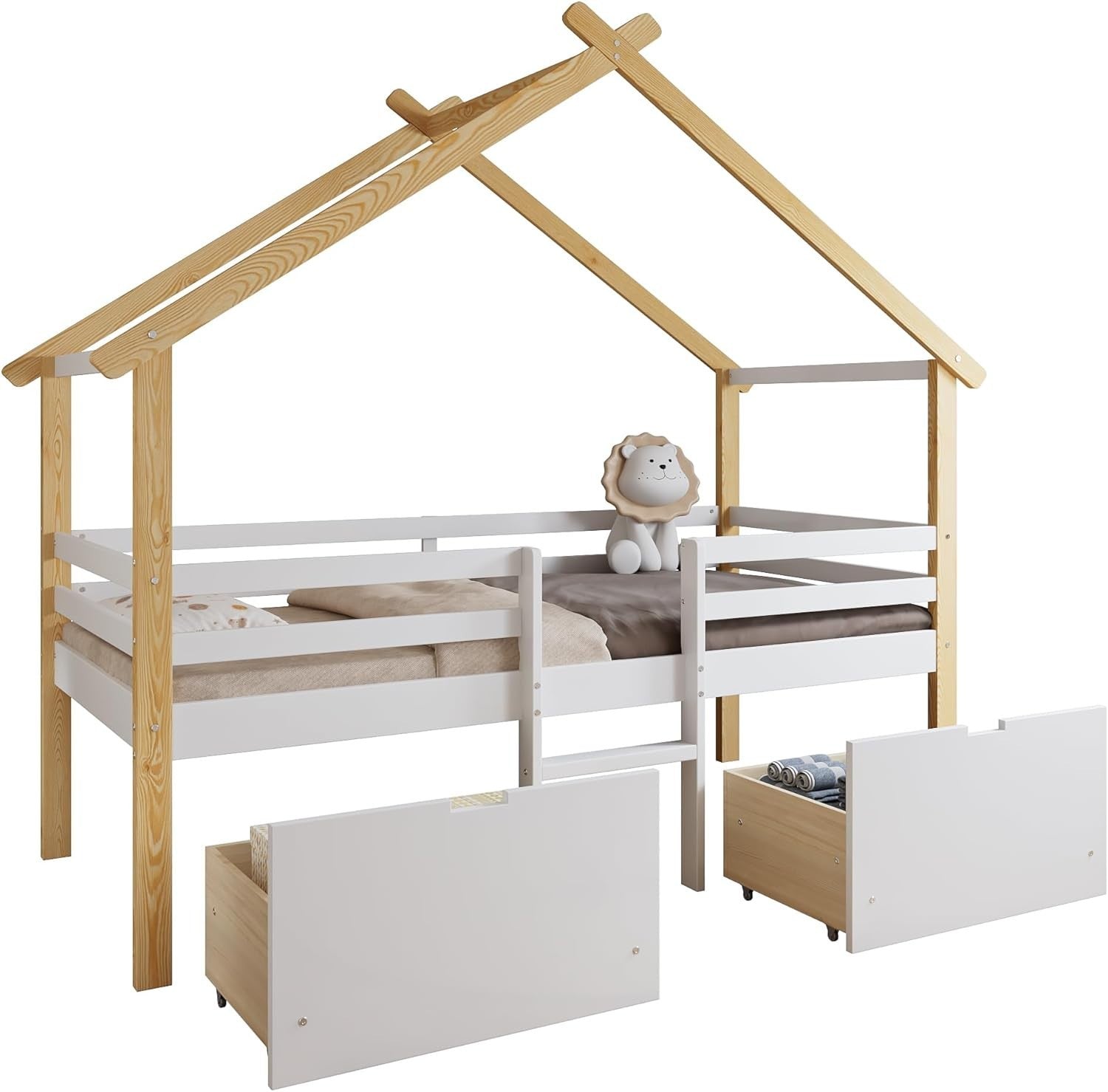 Kids Cabin Bed w/ Drawers 3FT 90x190cm House Frame, Storage & Guardrail