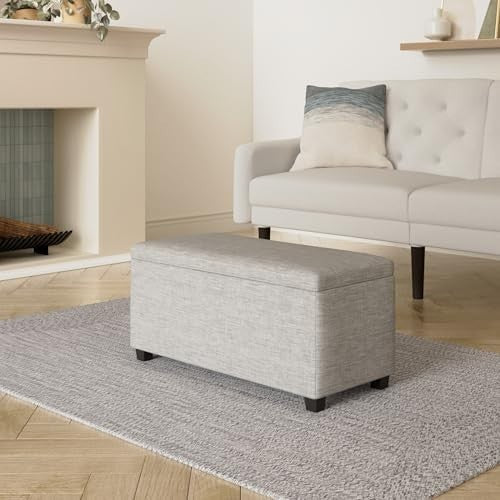 Light Grey Upholstered Storage Ottoman Bench with Soft Close Lid Linen 90x42x43