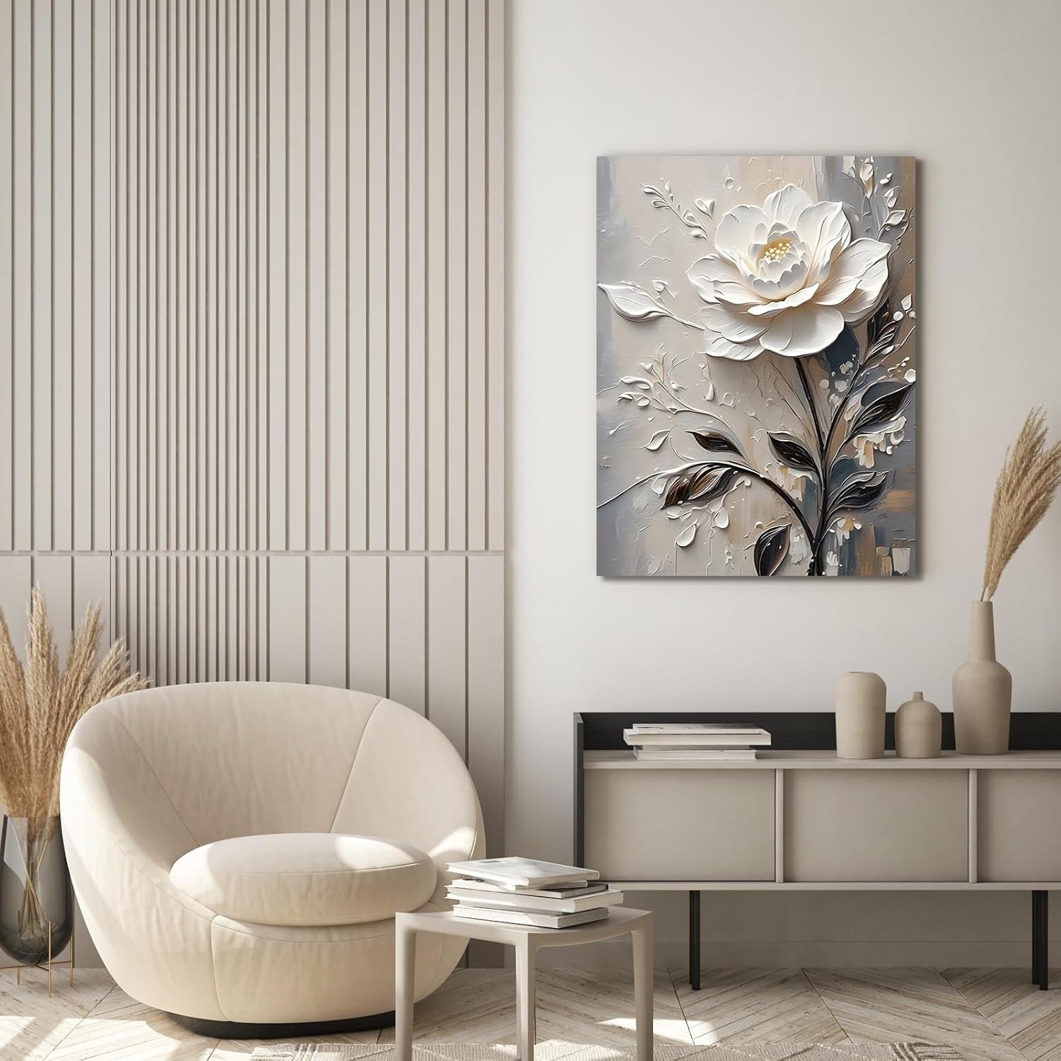 3D White Floral Canvas Wall Art 12x16 Framed Modern Bedroom Decor