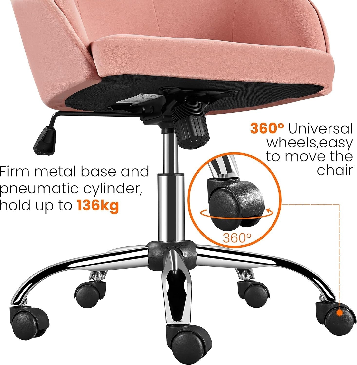 Pink Velvet Desk Chair Home Office Swivel Adjustable Height Back Support