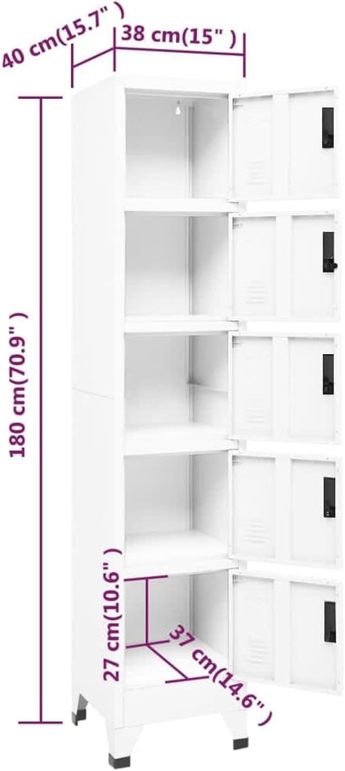 5 Door White Metal Locker Cabinet Lockable Steel Storage Cupboard Office Gym