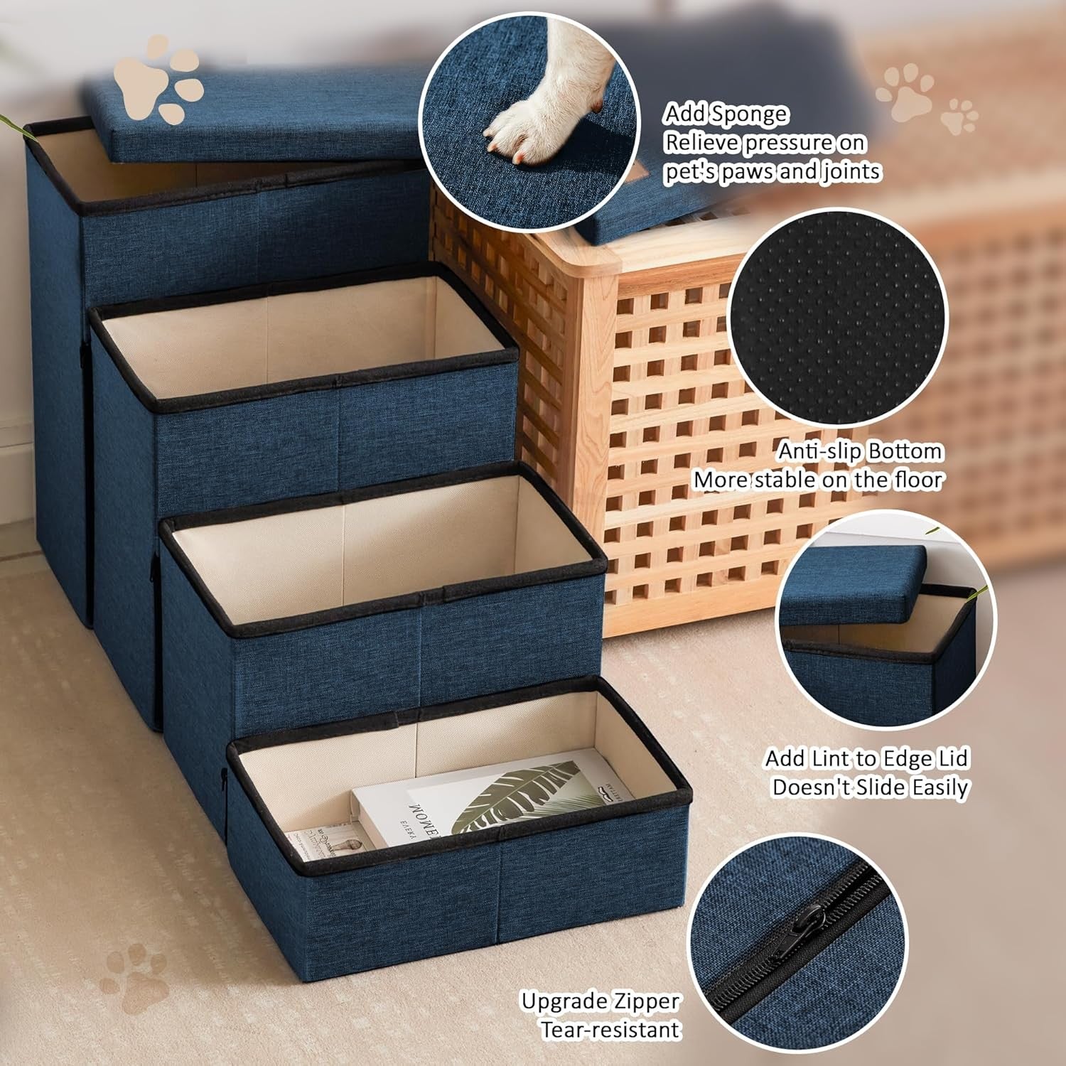 Dog Stairs 4 Step with Storage Foldable Pet Steps Navy Blue 200lb