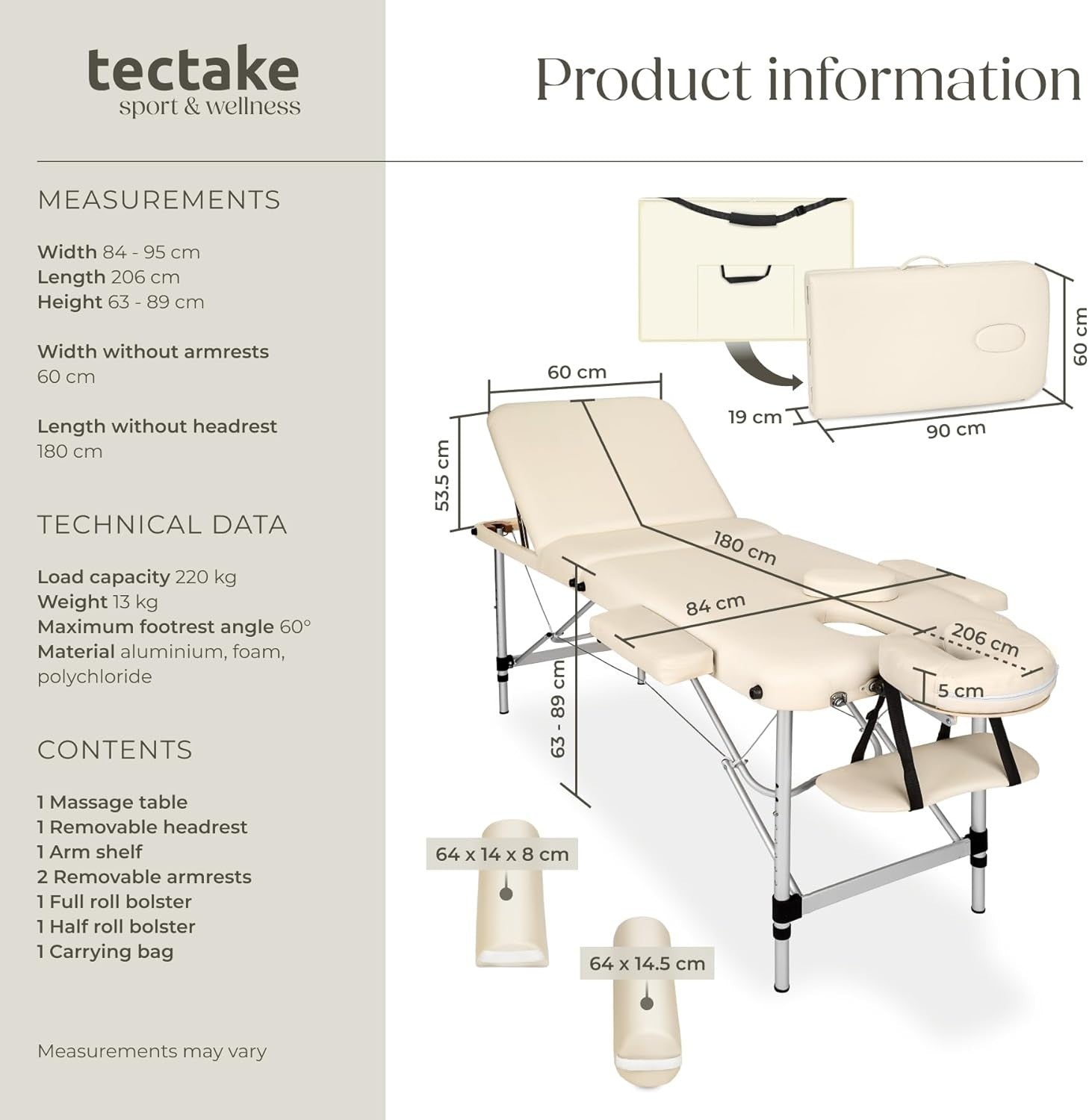 Portable Massage Table Foldable Height Adjustable Aluminium Bed + Bag Beige