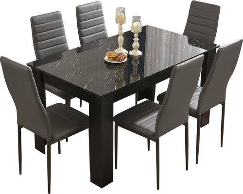 Black Marble Dining Table Set with 6 PU Leather Chairs – Modern, Durable