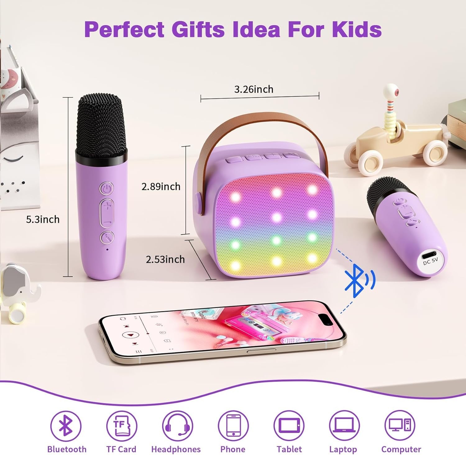 Kids Mini Karaoke Machine 2 Wireless Mics Bluetooth LED