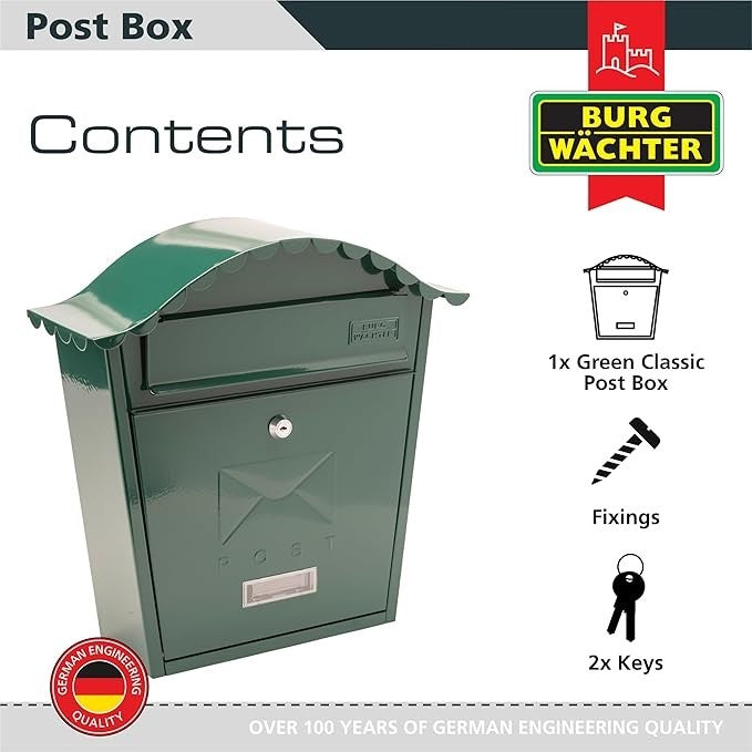 Lockable Wall Mounted Steel Post Box Green Weatherproof Secure Mail Slot