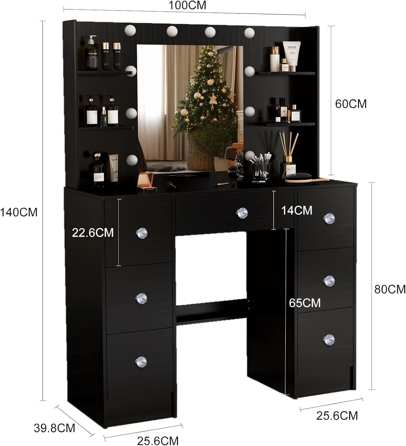 Makeup Vanity Table Set w/ 3-Color LED Lights, 12 Storage Spaces & Padded Stool