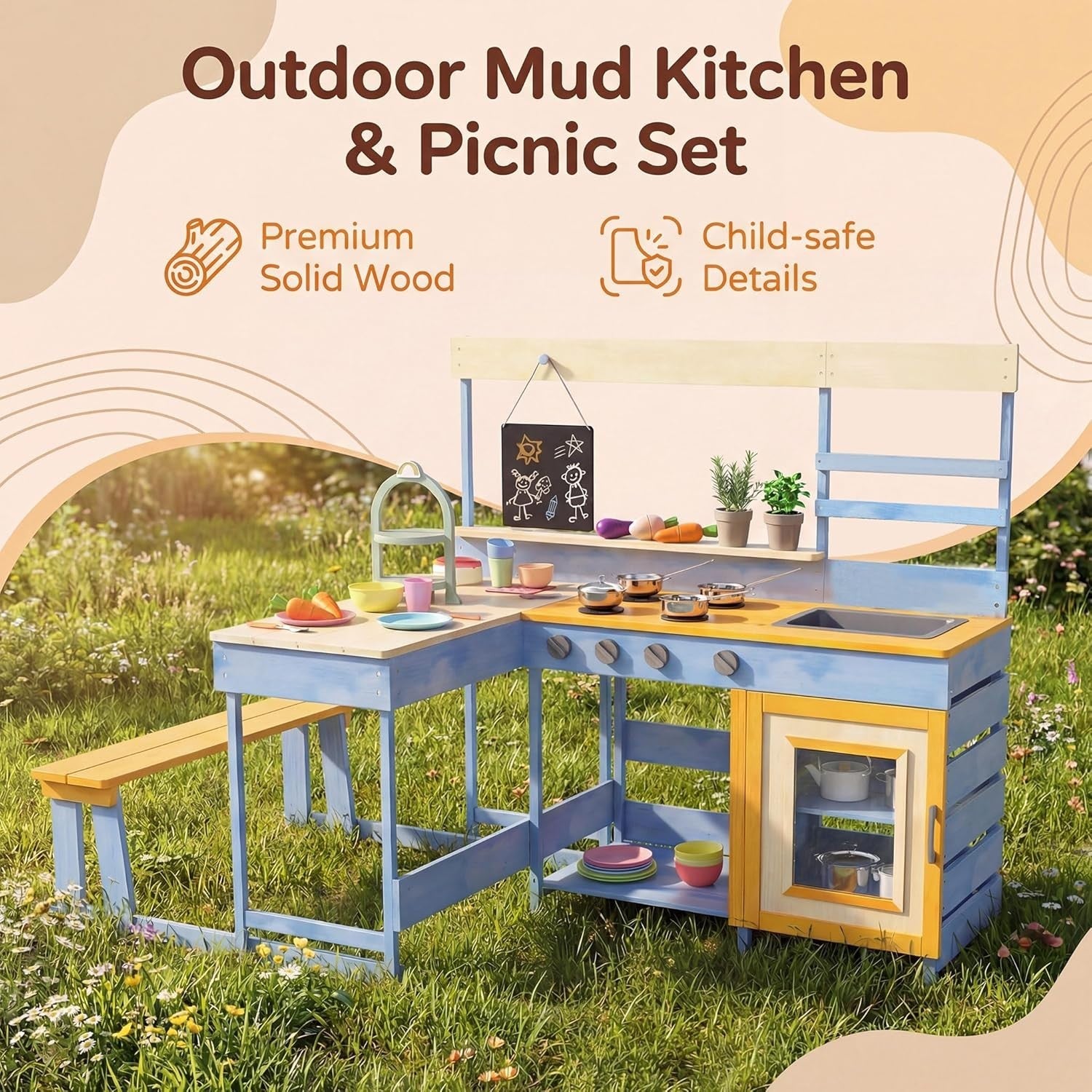Kids Mud Kitchen Outdoor Wooden Play Kitchen Picnic Table Toy Set