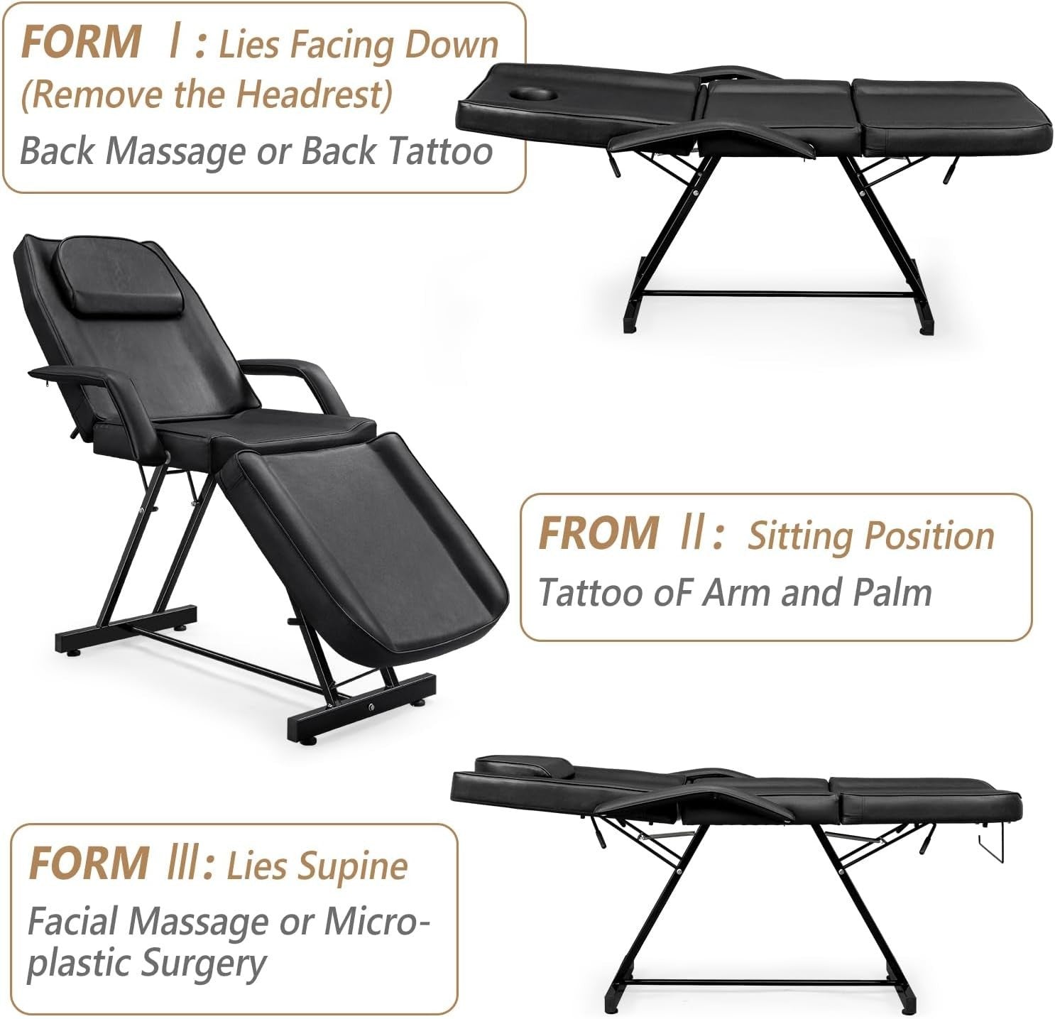 Adjustable 3-Section Massage Table with Stool Spa Facial Tattoo Beauty Bed Black