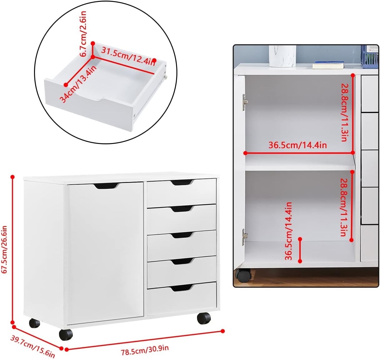 Rolling Lateral File Cabinet 5 Drawer Storage Cupboard Printer Stand