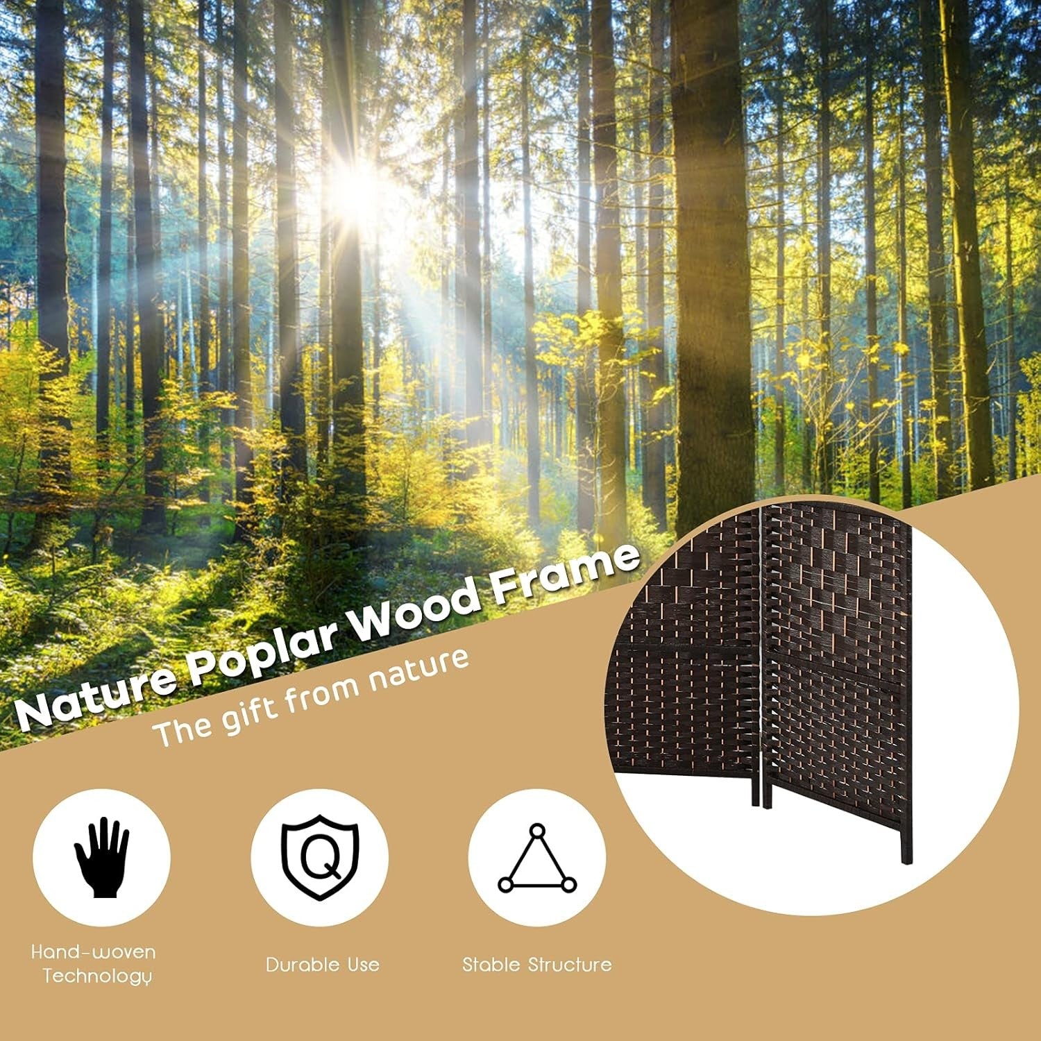 6 Panel Brown Wicker Folding Room Divider Privacy Screen for Home Office Décor