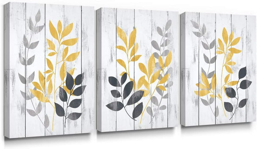 3-Piece Yellow Grey Leaf Canvas Wall Art Modern Home Decor