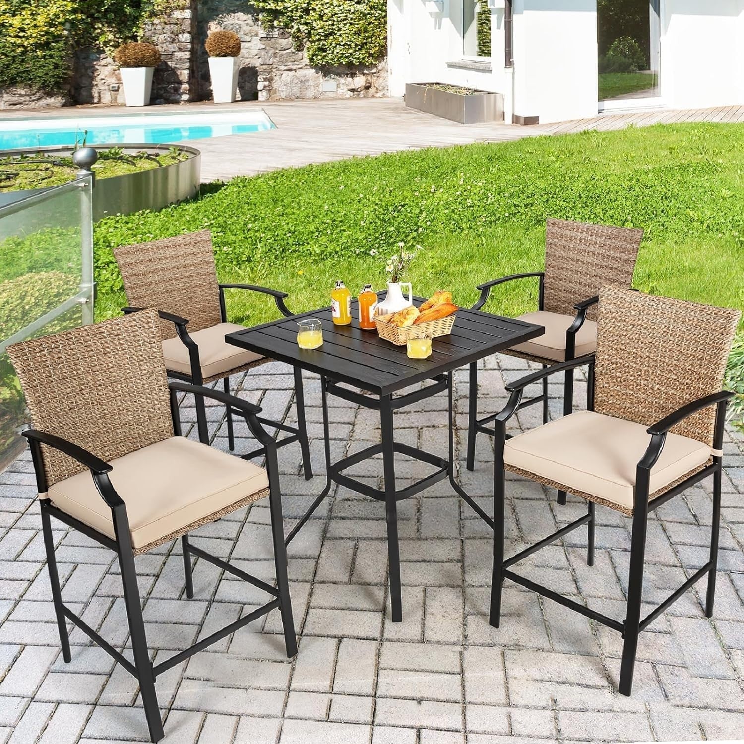 Outdoor Rattan Bar Dining Set 5 Piece High Table 4 Chairs Cushions Patio