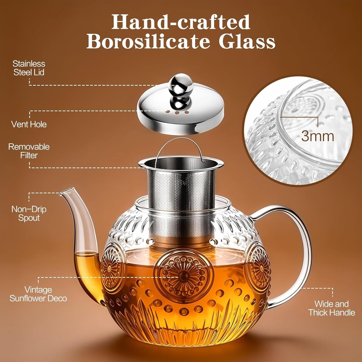 Glass Teapot 1200ml with Infuser Loose Leaf Tea Pot Stovetop Safe