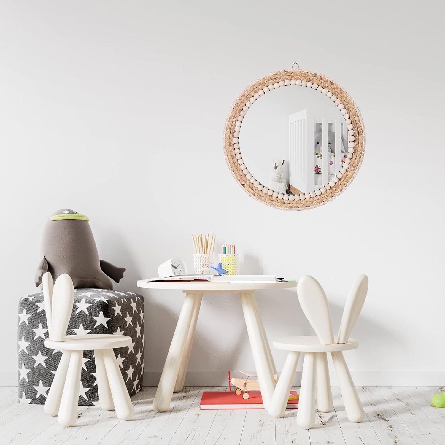 Boho Round Rattan Wall Mirror 38cm Hanging Bathroom Decor
