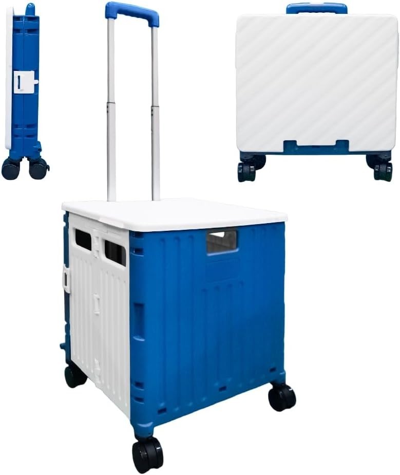 50L Folding Shopping Trolley Cart 4 Wheels Lid 40kg Pull Along Utility